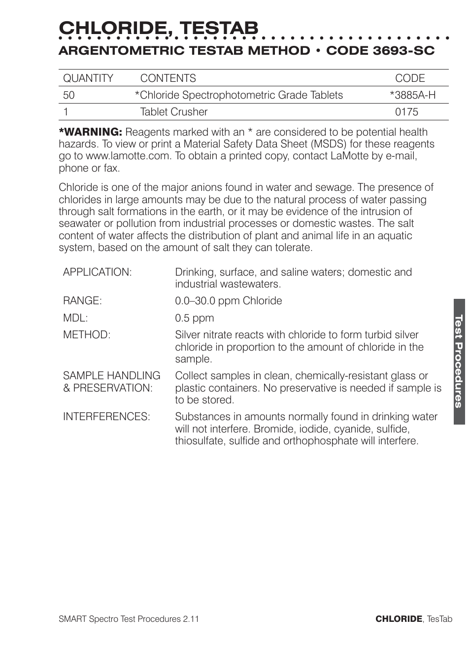 Chloride, testab | LaMotte SMART Spectro Spectrophotometer User Manual | Page 86 / 261