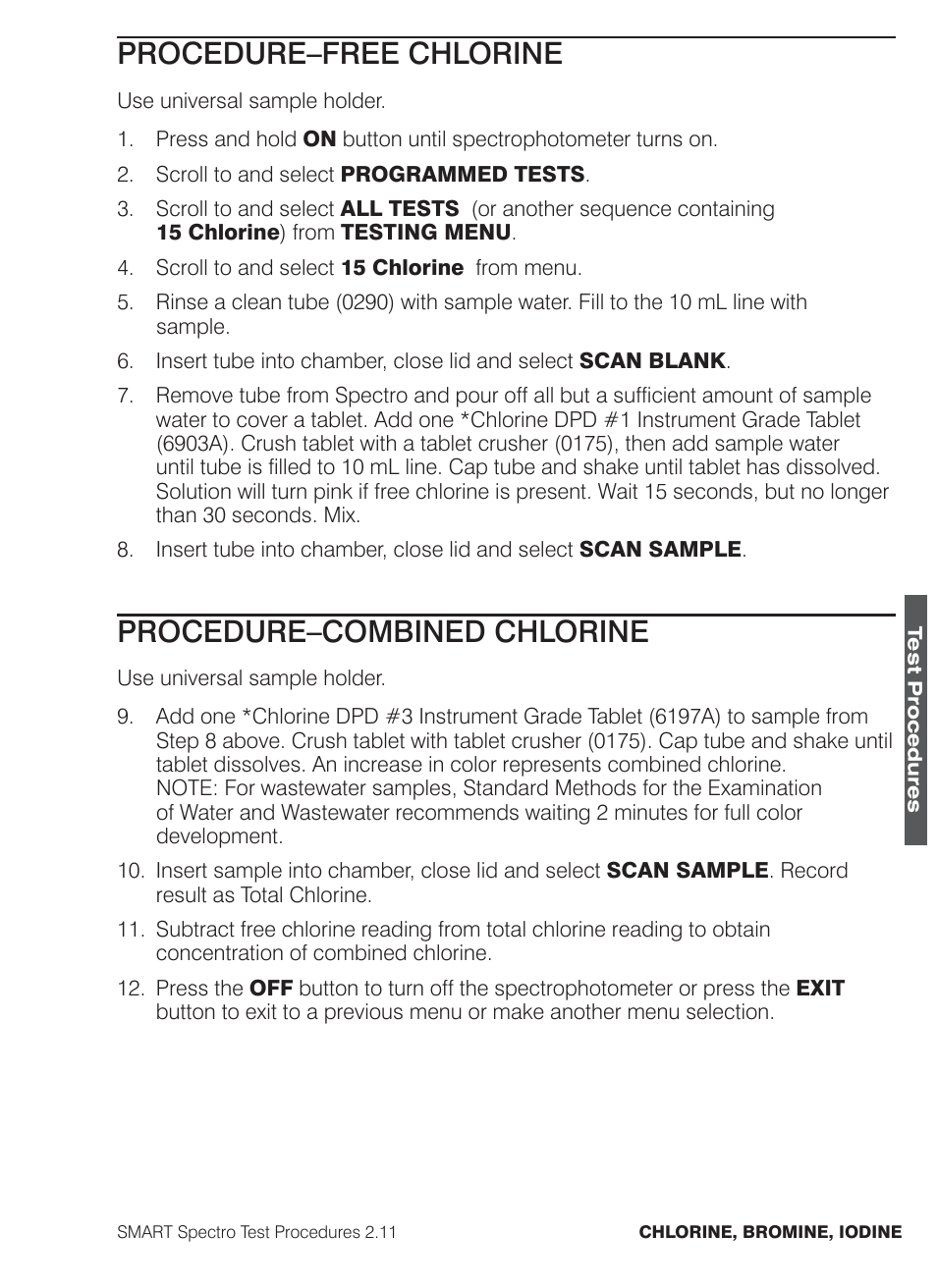 Procedure–free chlorine, Procedure–combined chlorine | LaMotte SMART Spectro Spectrophotometer User Manual | Page 90 / 261