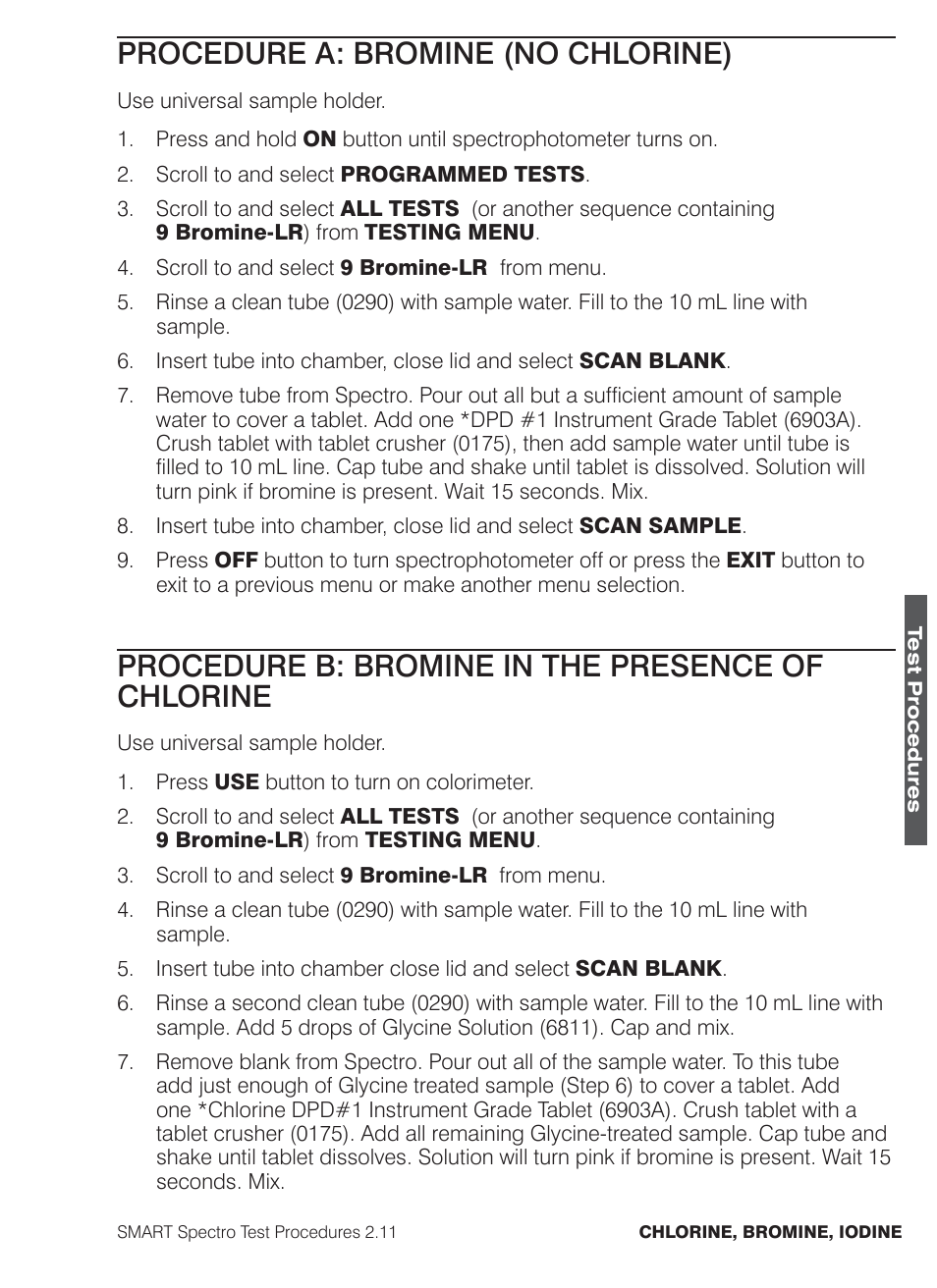 Procedure a: bromine (no chlorine), Procedure b: bromine in the presence of chlorine | LaMotte SMART Spectro Spectrophotometer User Manual | Page 92 / 261
