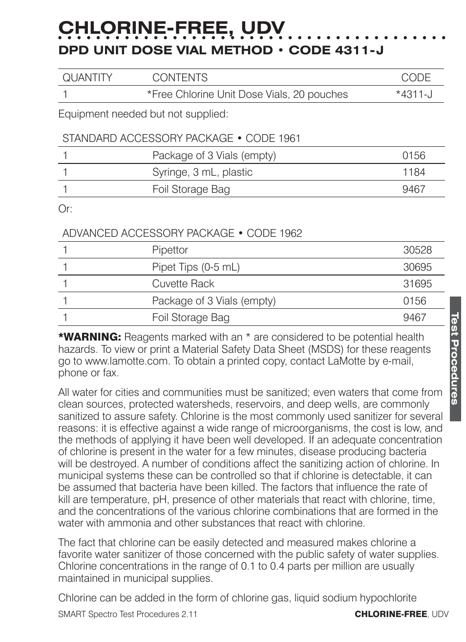 Chlorine-free, udv | LaMotte SMART Spectro Spectrophotometer User Manual | Page 96 / 261