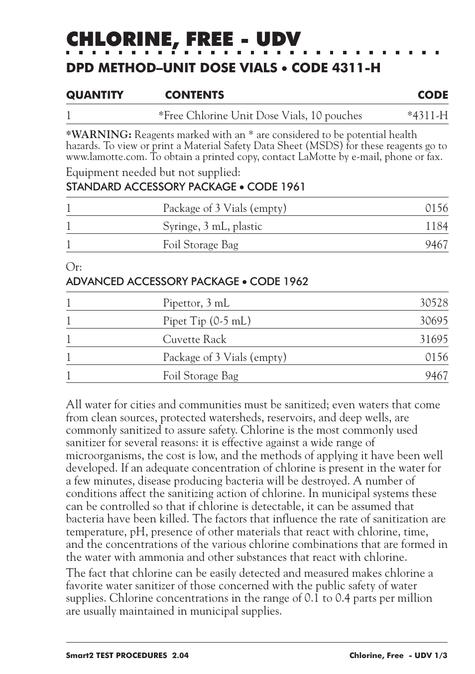Chlorine, free - udv | LaMotte SMART 2 User Manual | Page 101 / 258