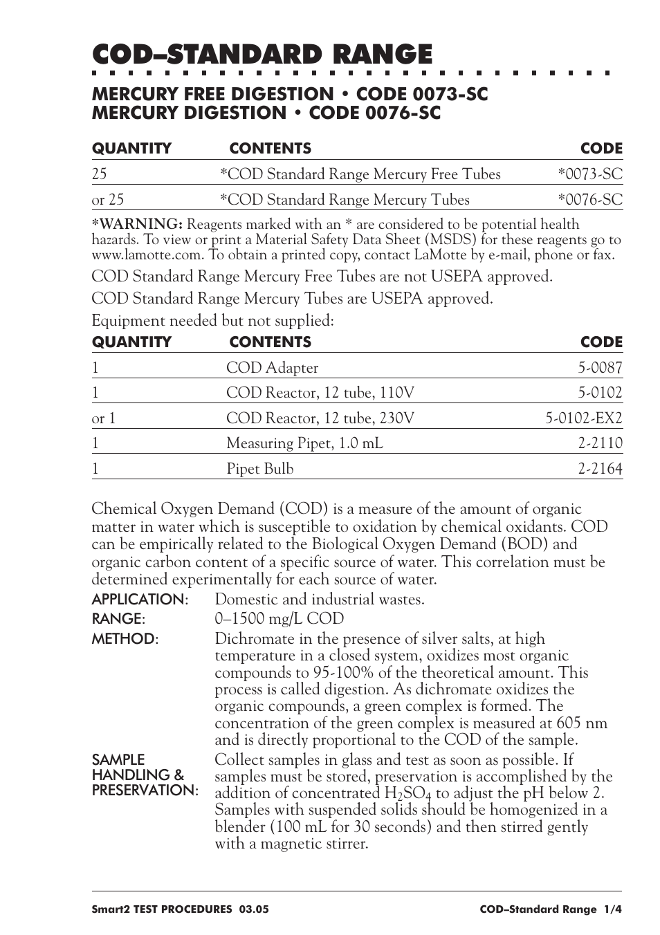 Cod–standard range | LaMotte SMART 2 User Manual | Page 125 / 258