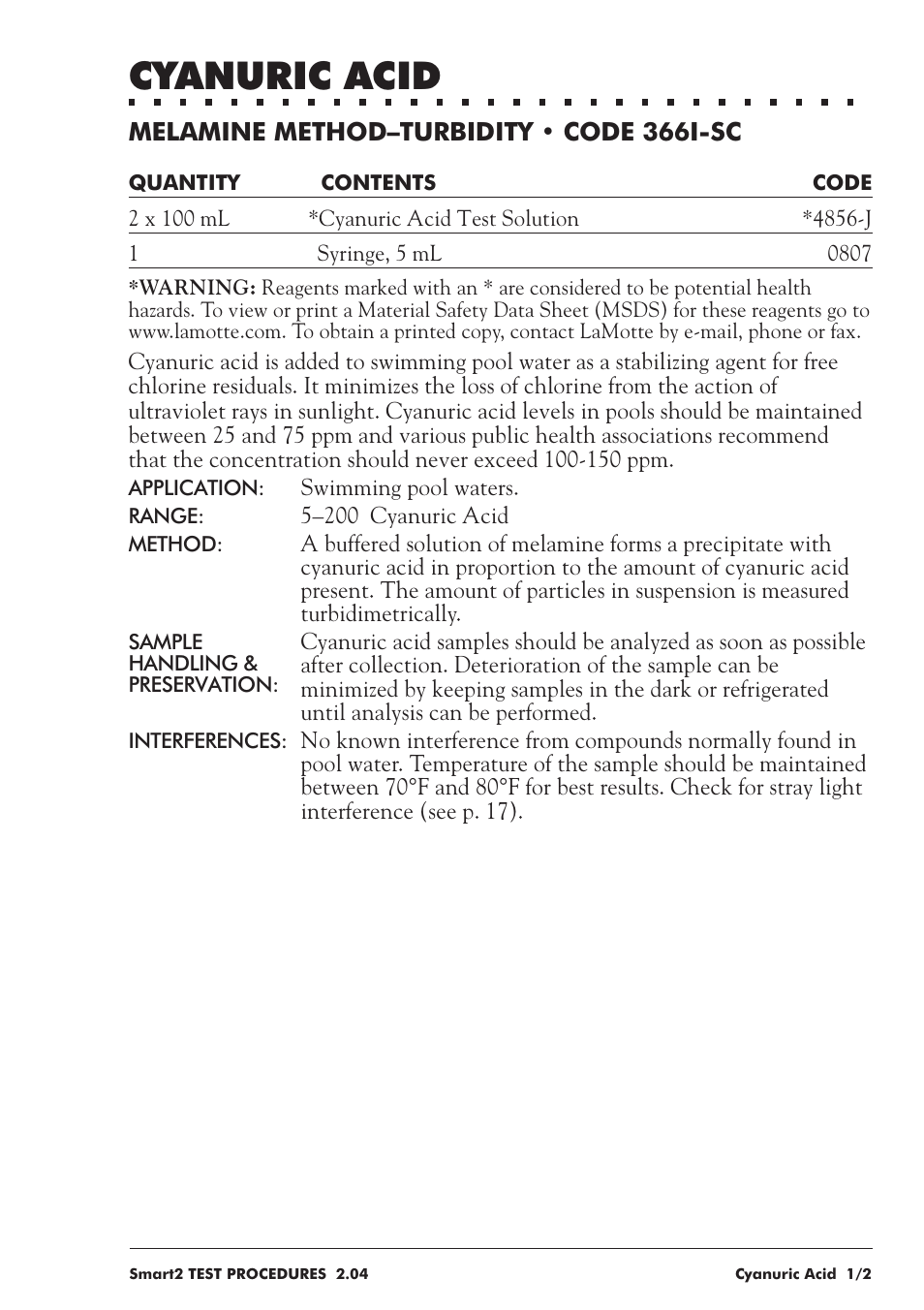 Cyanuric acid | LaMotte SMART 2 User Manual | Page 147 / 258