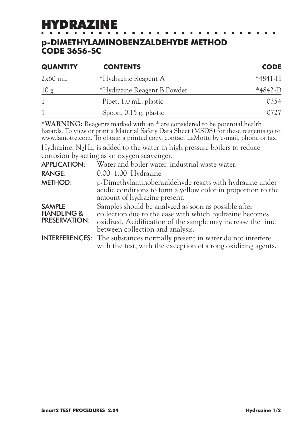 Hydrazine | LaMotte SMART 2 User Manual | Page 159 / 258