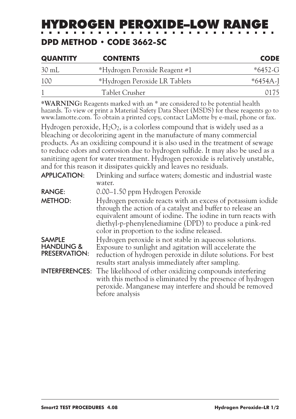 Hydrogen peroxide–low range | LaMotte SMART 2 User Manual | Page 161 / 258