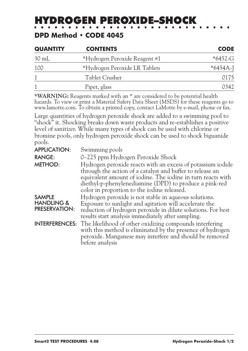 Hydrogen peroxide–shock | LaMotte SMART 2 User Manual | Page 165 / 258