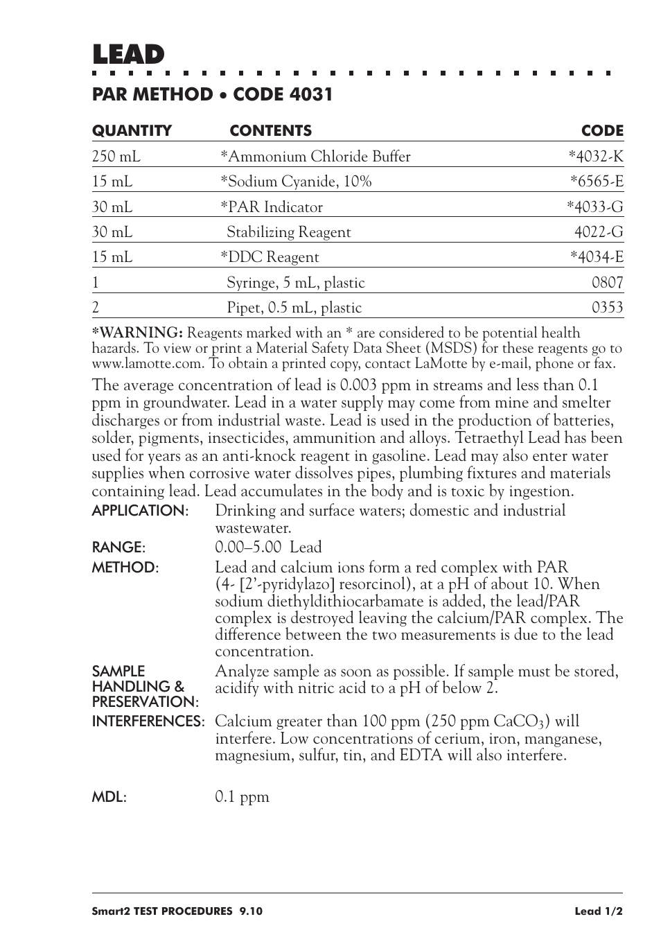 Lead | LaMotte SMART 2 User Manual | Page 175 / 258