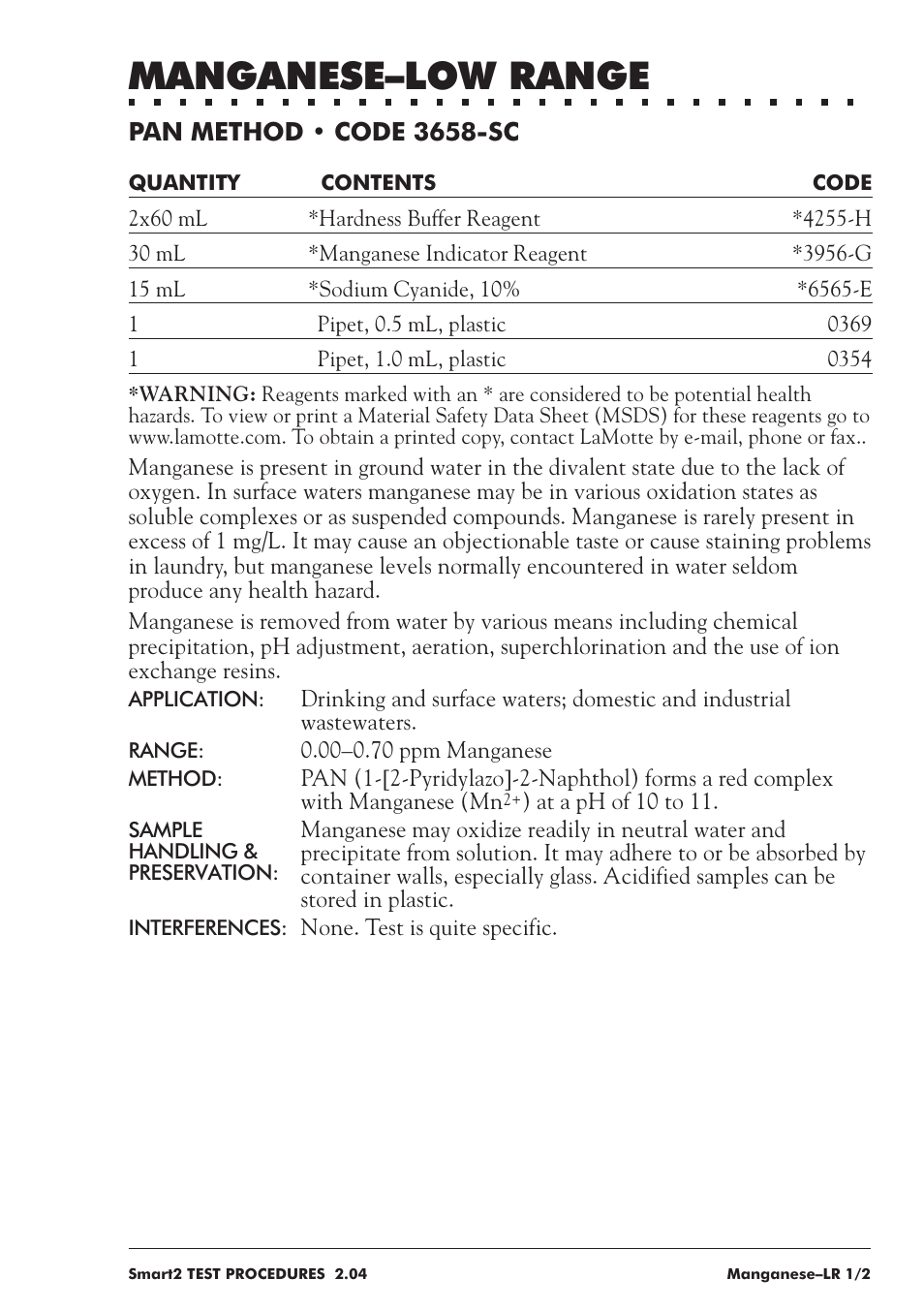 Manganese–low range | LaMotte SMART 2 User Manual | Page 177 / 258