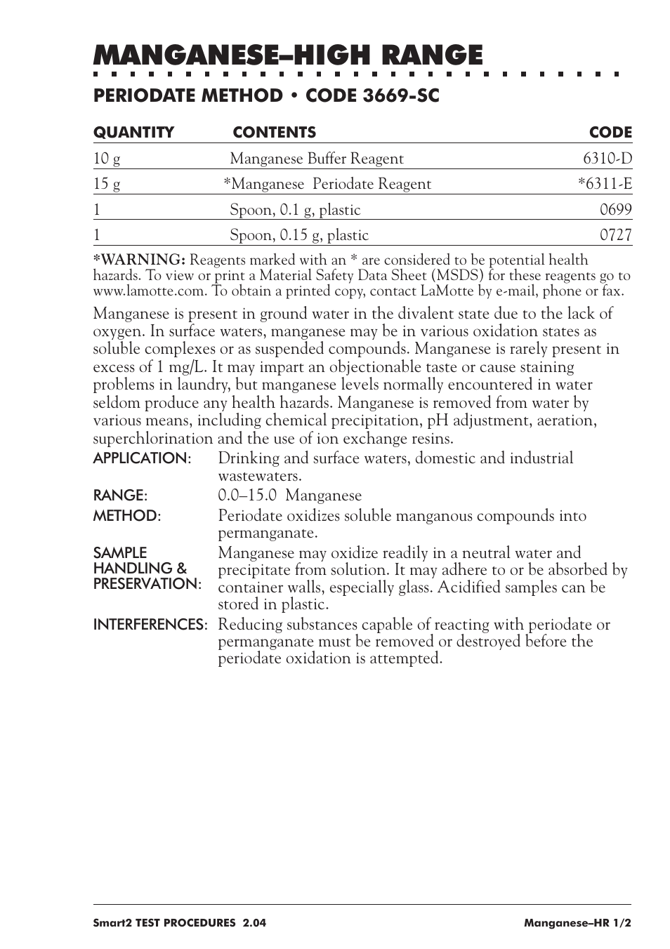 Manganese–high range | LaMotte SMART 2 User Manual | Page 179 / 258