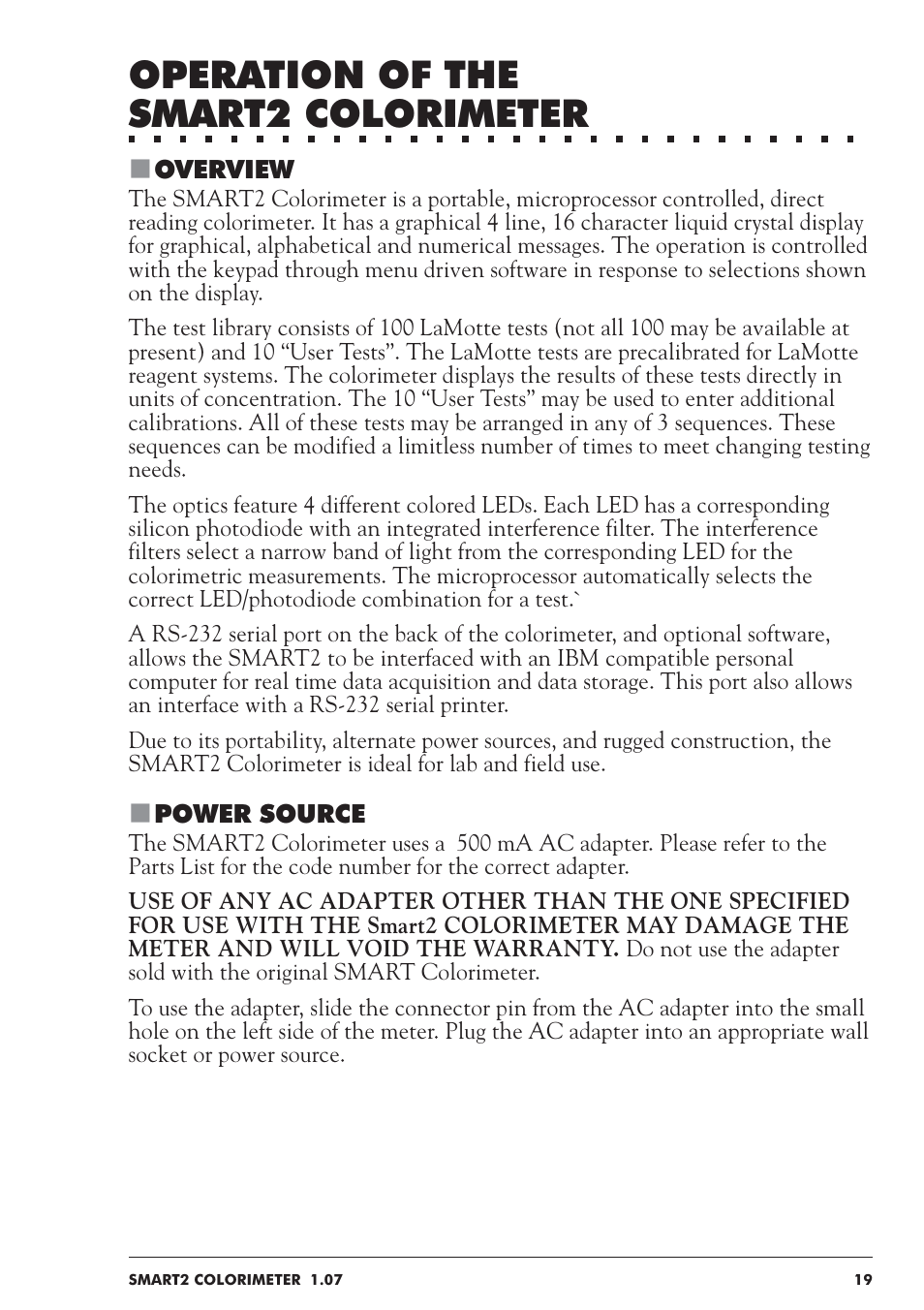 Operation of the smart2 colorimeter | LaMotte SMART 2 User Manual | Page 19 / 258