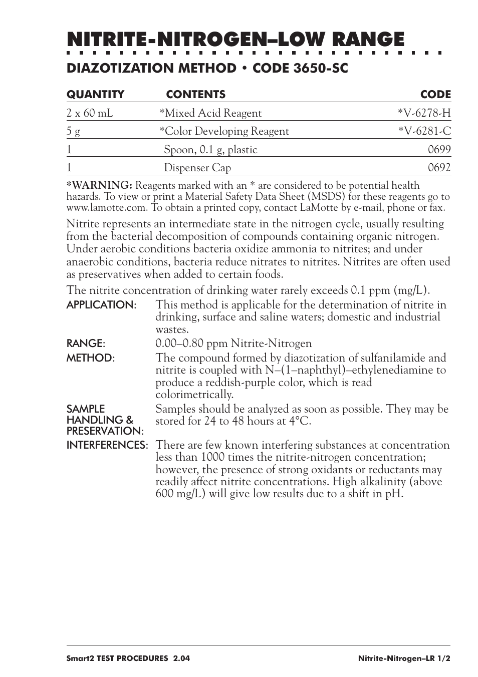 Nitrite-nitrogen–low range | LaMotte SMART 2 User Manual | Page 195 / 258