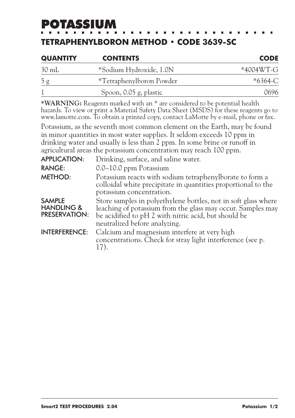 Potassium | LaMotte SMART 2 User Manual | Page 233 / 258