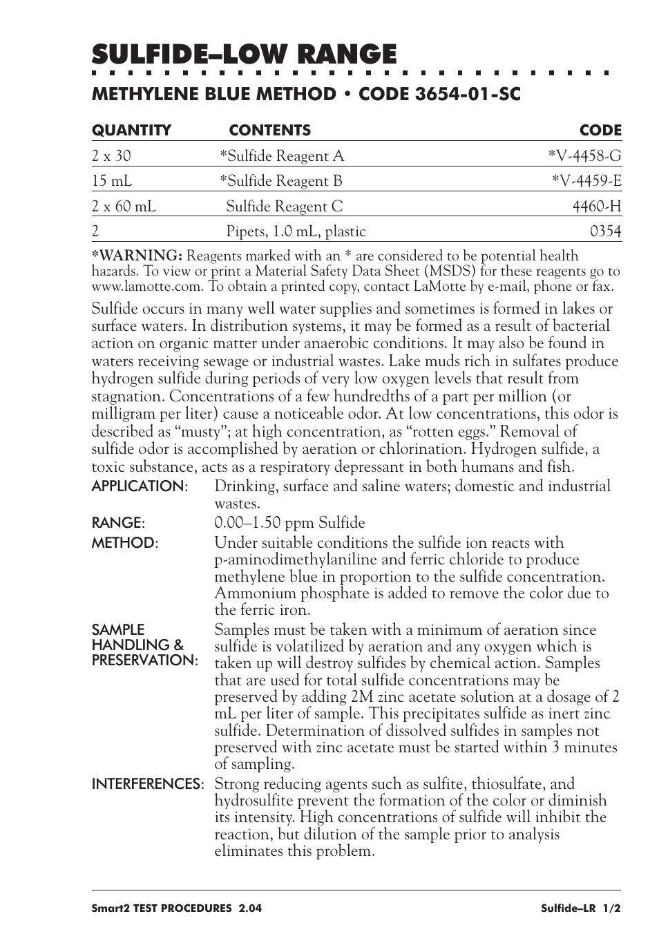 Sulfide–low range | LaMotte SMART 2 User Manual | Page 243 / 258