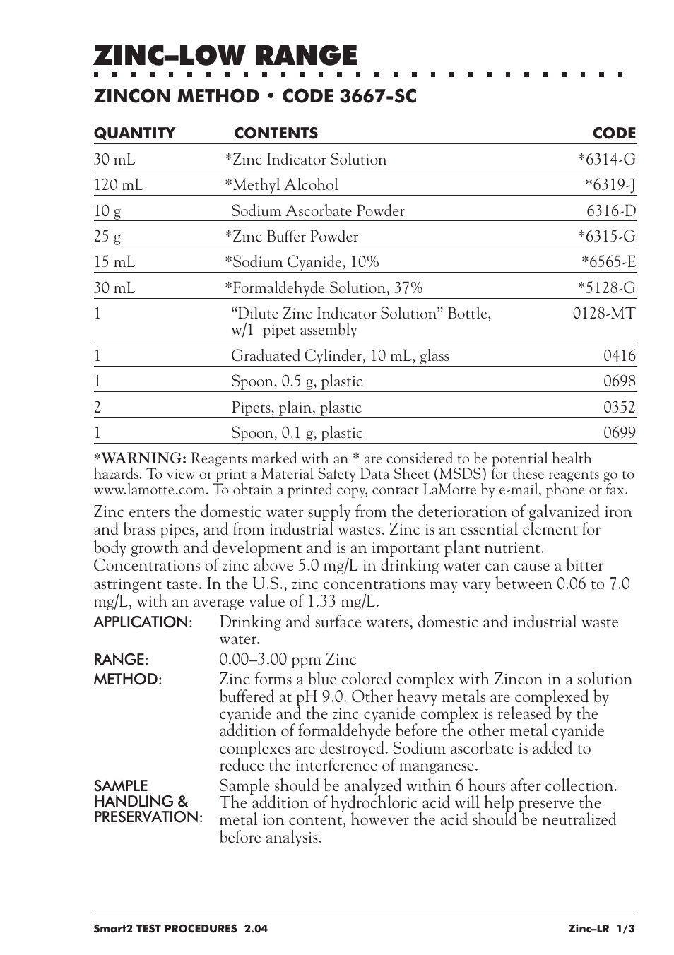 Zinc–low range | LaMotte SMART 2 User Manual | Page 251 / 258