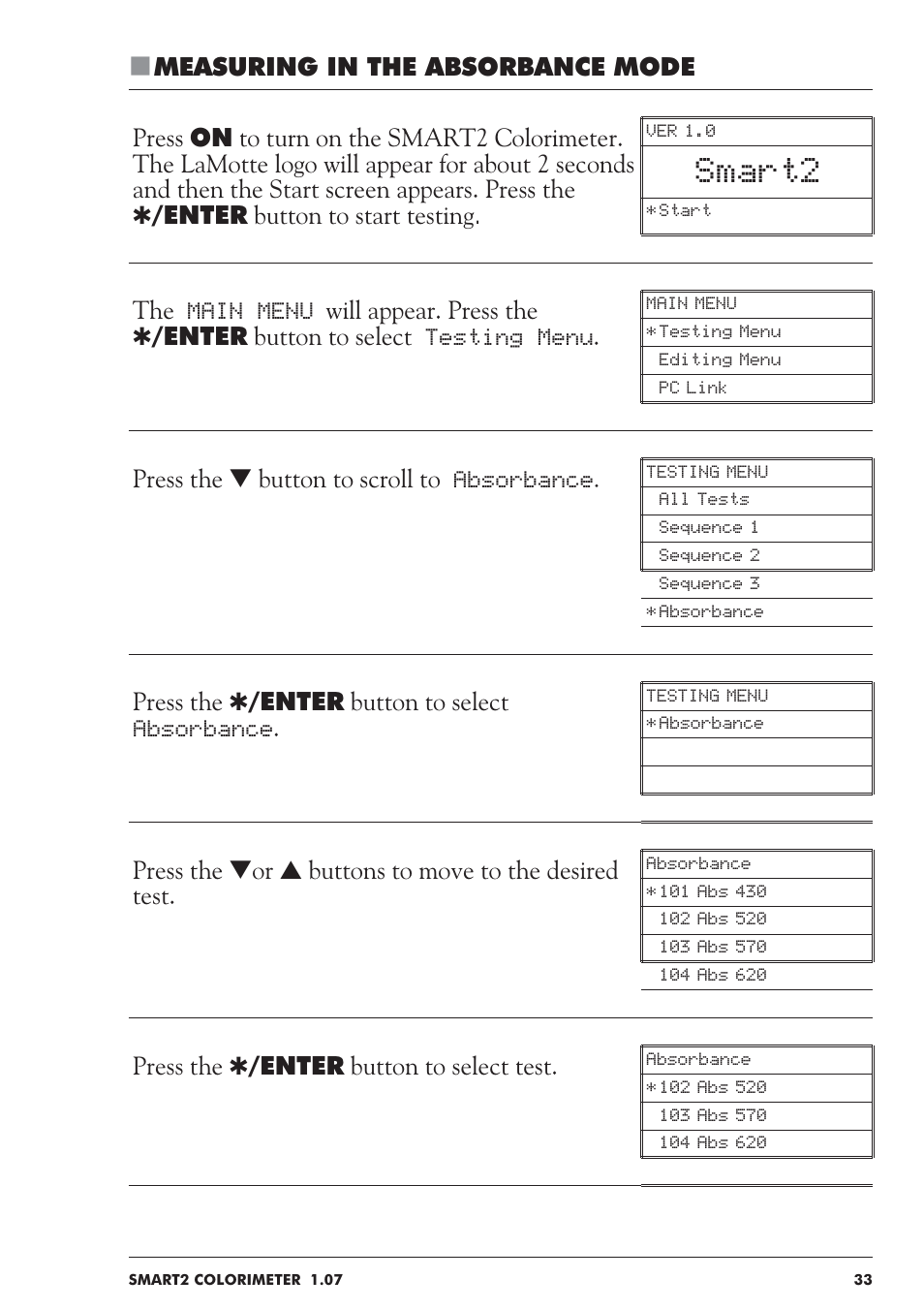 Smart2, Press the t button to scroll to absorbance, Press the q/enter button to select absorbance | Press the q/enter button to select test | LaMotte SMART 2 User Manual | Page 33 / 258