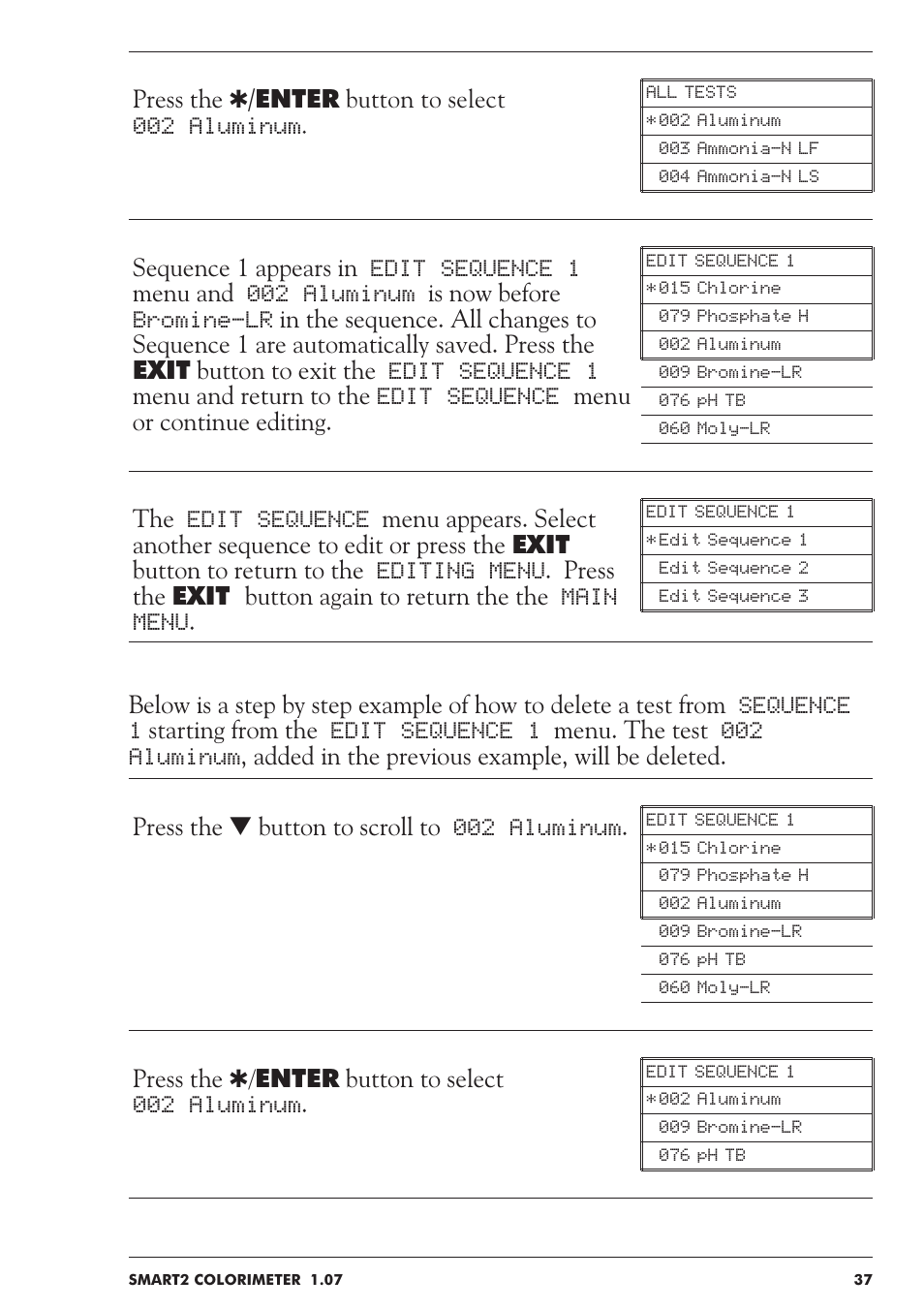 Press the q/enter button to select 002 aluminum | LaMotte SMART 2 User Manual | Page 37 / 258