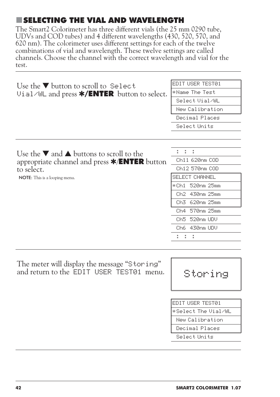 Storing, Selecting the vial and wavelength | LaMotte SMART 2 User Manual | Page 42 / 258