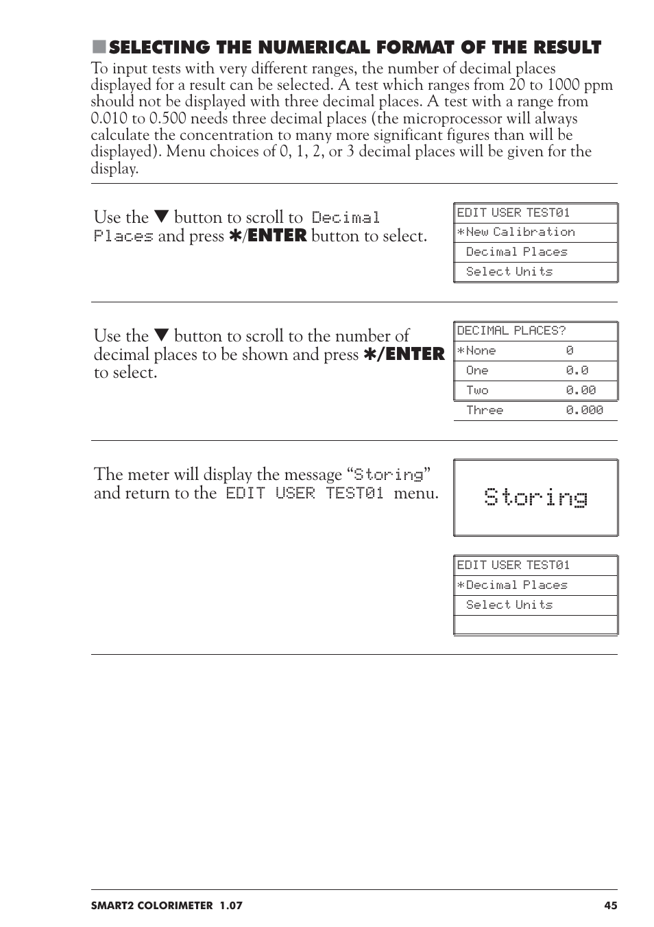 Storing, Selecting the numerical format of the result | LaMotte SMART 2 User Manual | Page 45 / 258