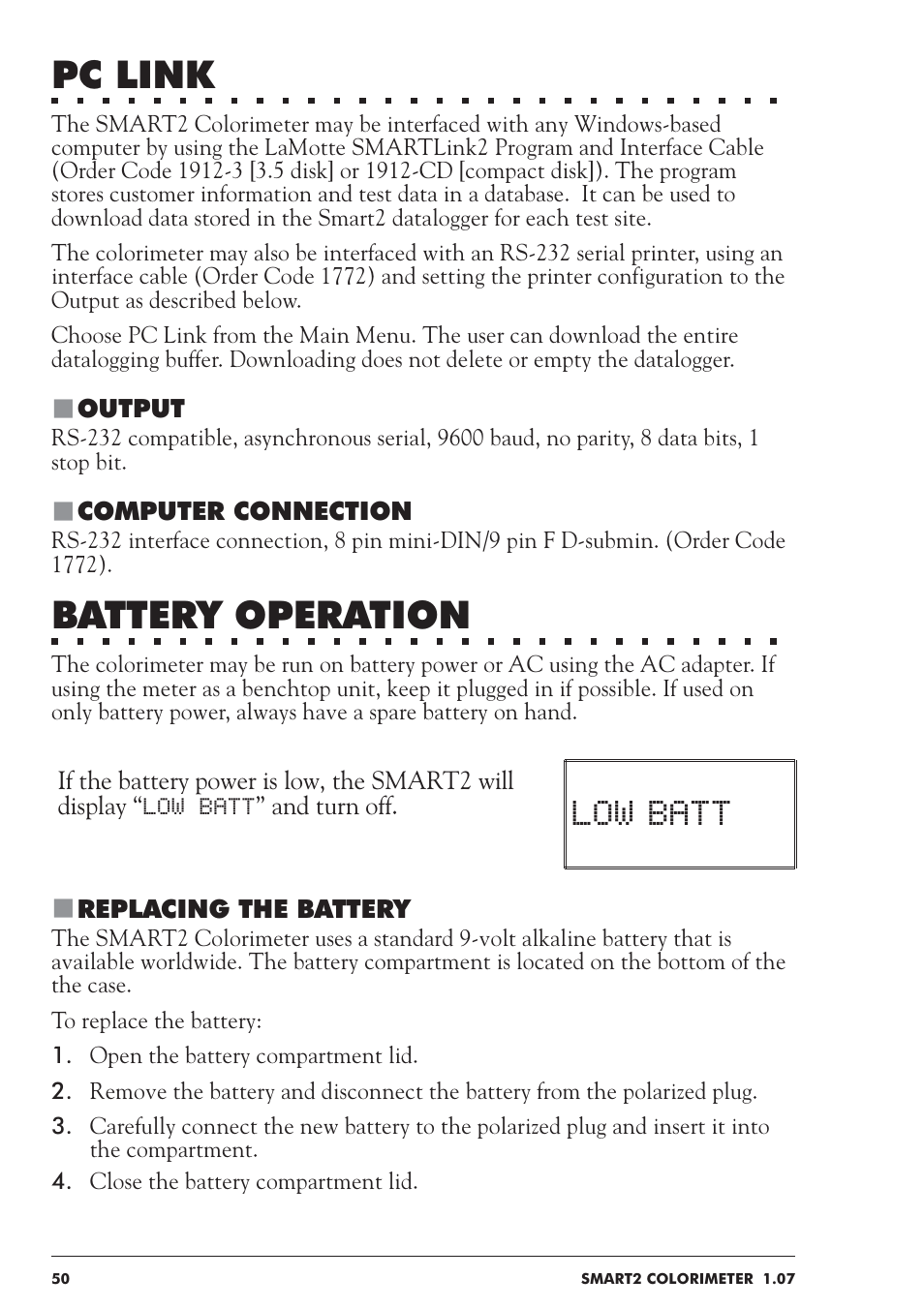 Pc link, Battery operation, Low batt | LaMotte SMART 2 User Manual | Page 50 / 258