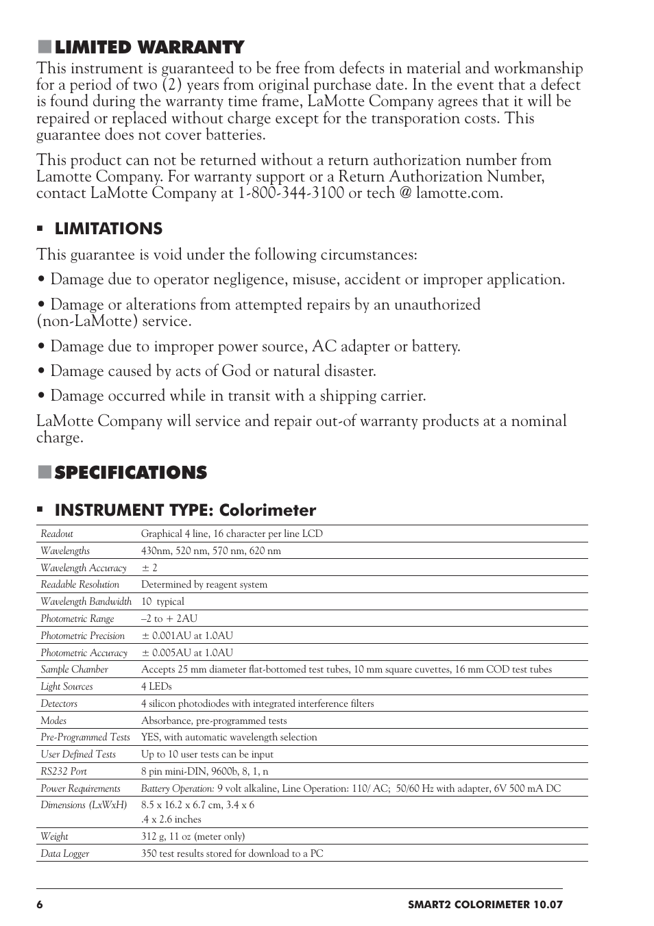 Limited warranty, Specifications, Instrument type: colorimeter | LaMotte SMART 2 User Manual | Page 6 / 258