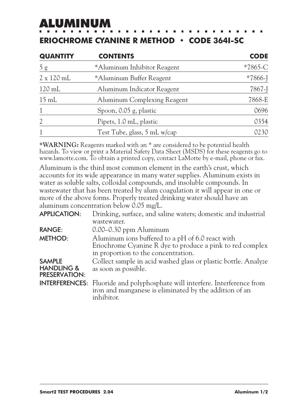 Aluminum | LaMotte SMART 2 User Manual | Page 63 / 258