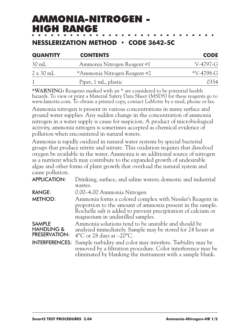 Ammonia-nitrogen - high range | LaMotte SMART 2 User Manual | Page 69 / 258