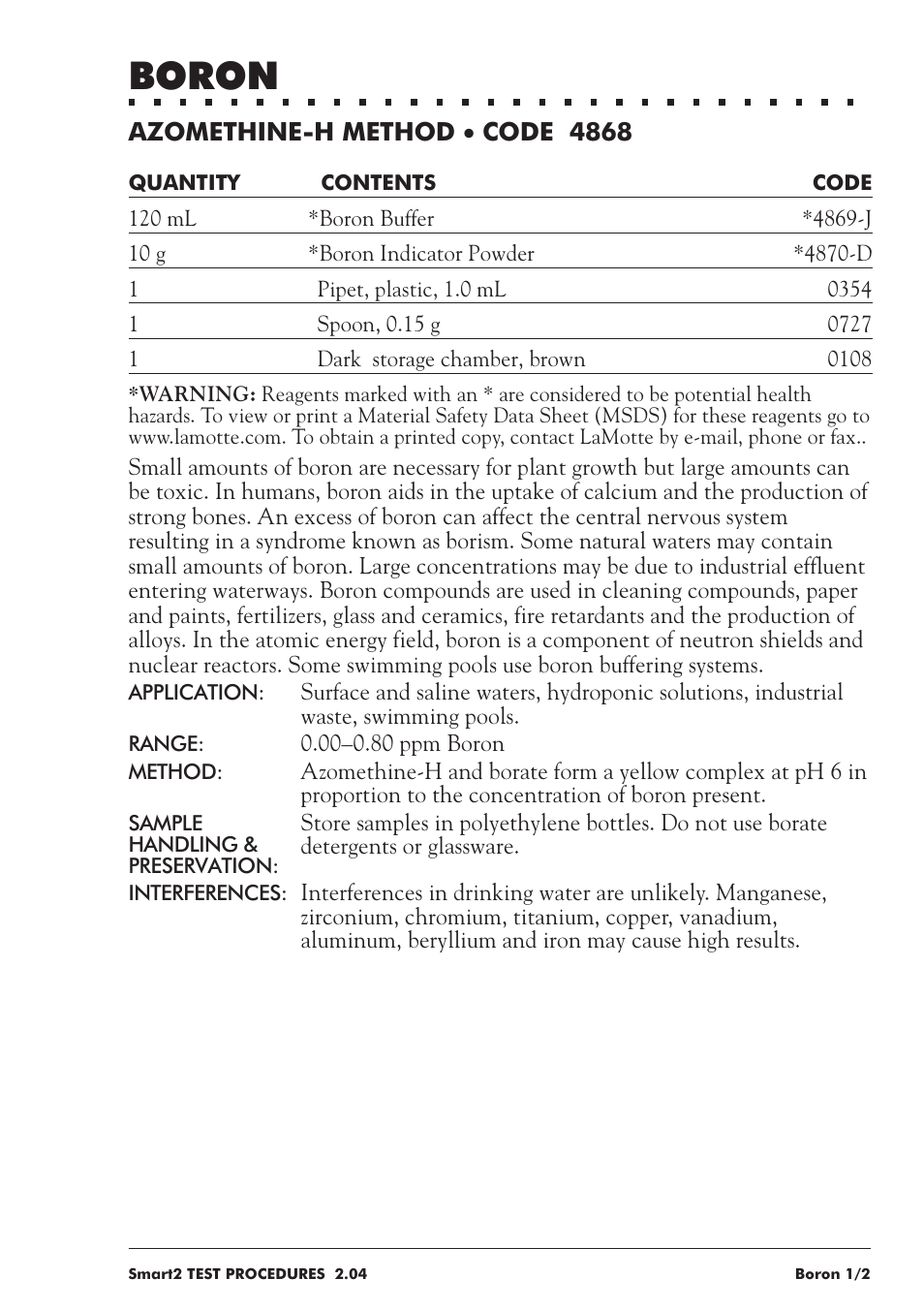 Boron | LaMotte SMART 2 User Manual | Page 77 / 258