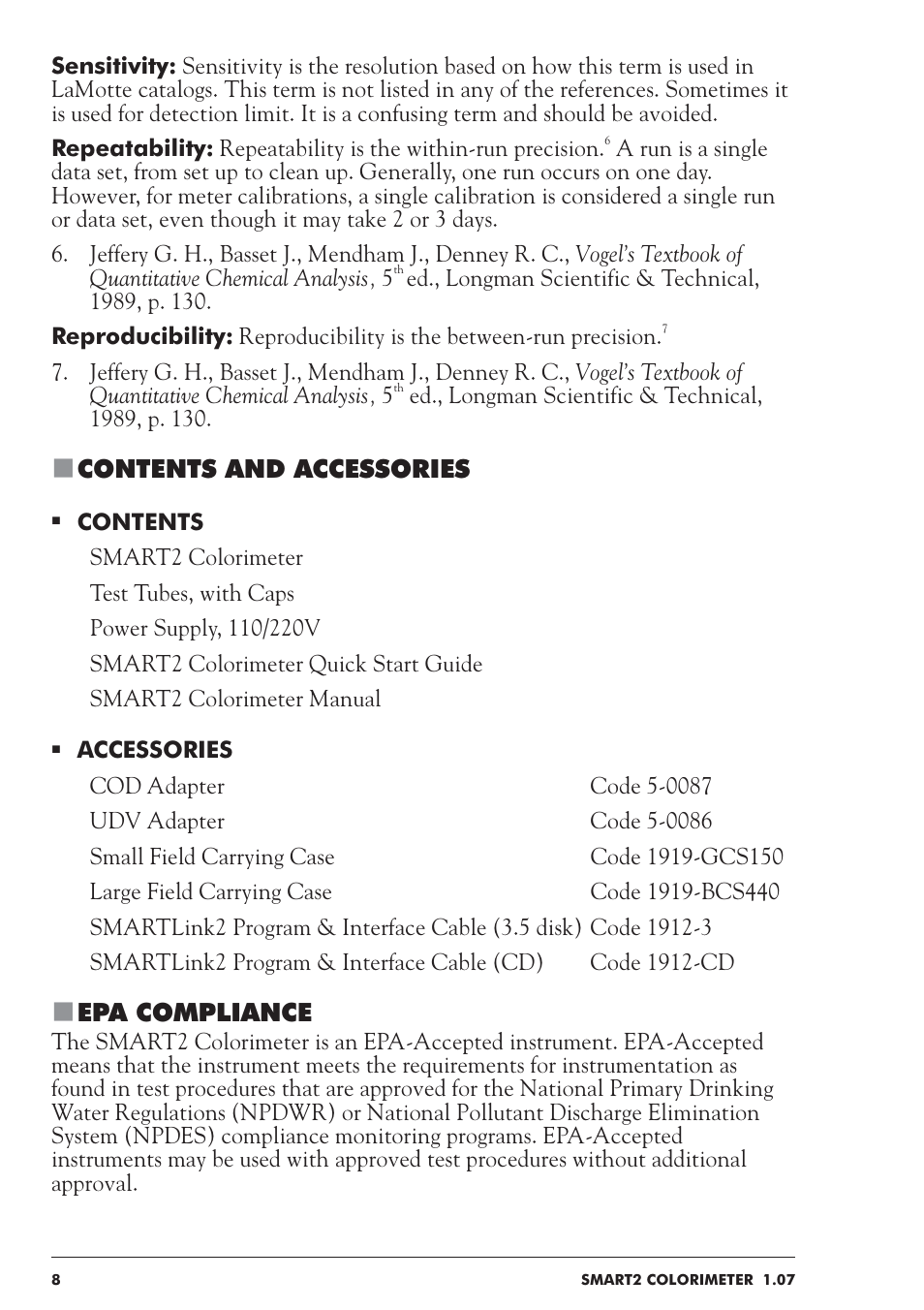 Contents and accessories, Epa compliance | LaMotte SMART 2 User Manual | Page 8 / 258