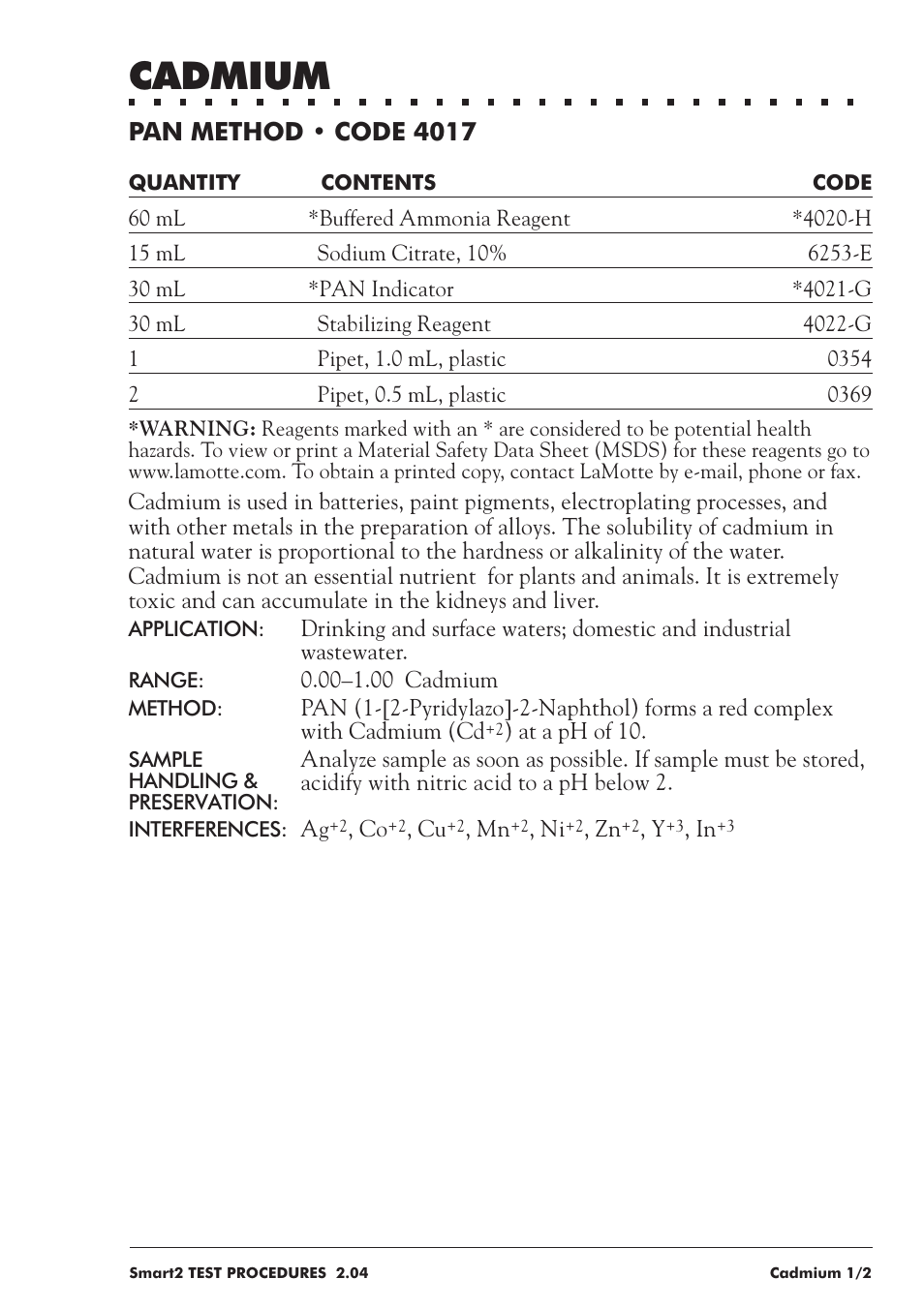 Cadmium, Pan method • code 4017 | LaMotte SMART 2 User Manual | Page 83 / 258