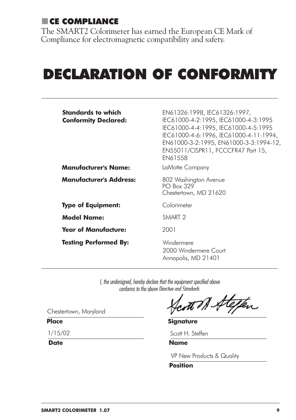 Declaration of conformity | LaMotte SMART 2 User Manual | Page 9 / 258