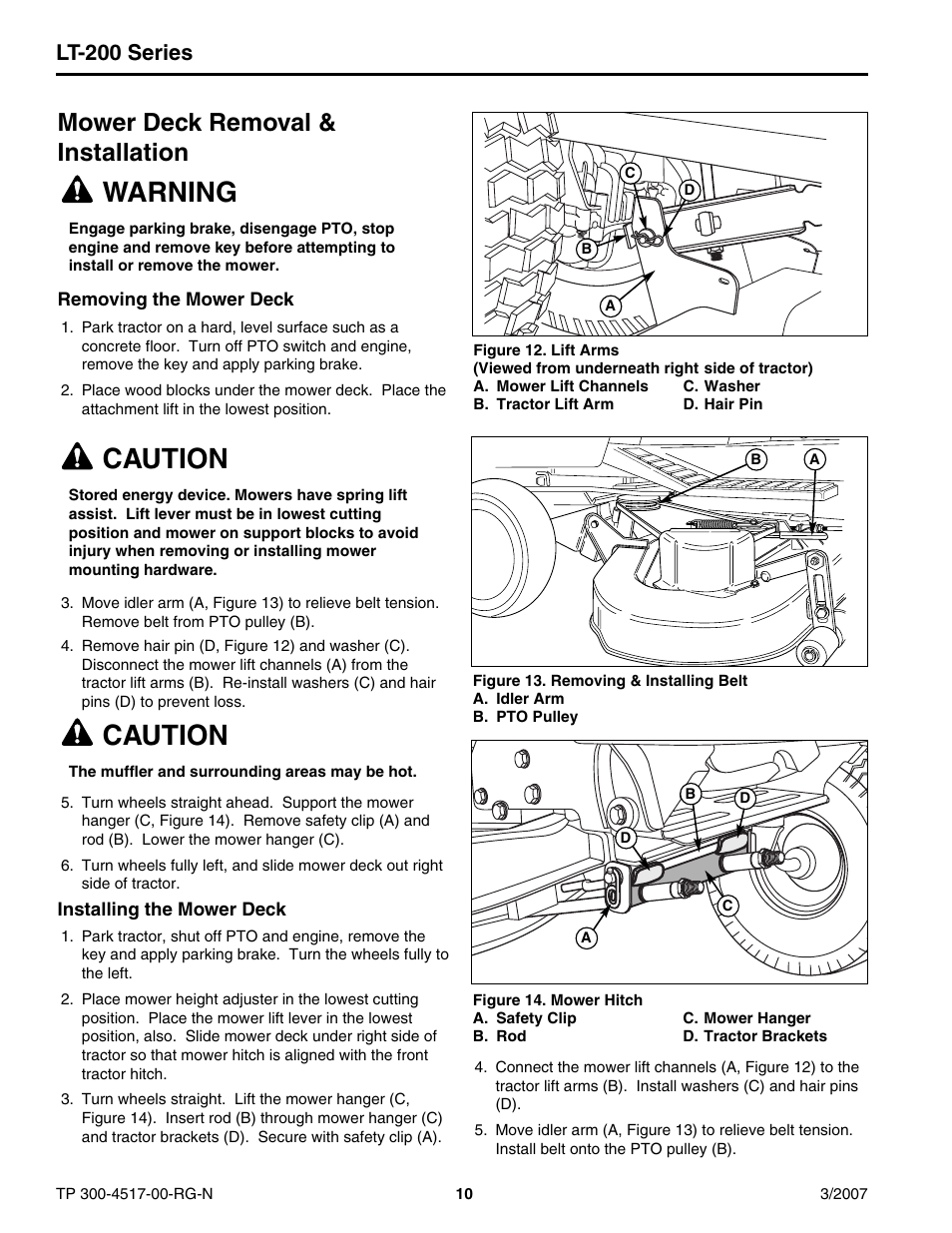 Warning, Caution, Mower deck removal & installation | Lt-200 series | Briggs & Stratton LT-200 User Manual | Page 10 / 14