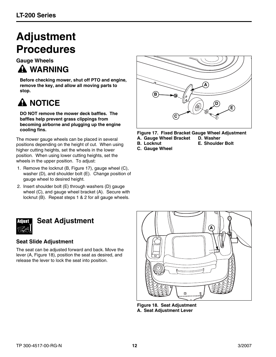 Adjustment procedures, Warning, Notice | Seat adjustment, Lt-200 series | Briggs & Stratton LT-200 User Manual | Page 12 / 14