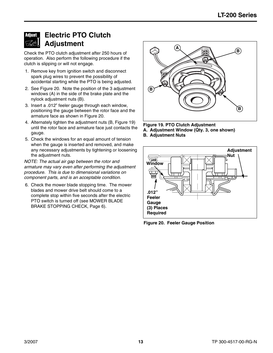 Electric pto clutch adjustment, Lt-200 series | Briggs & Stratton LT-200 User Manual | Page 13 / 14