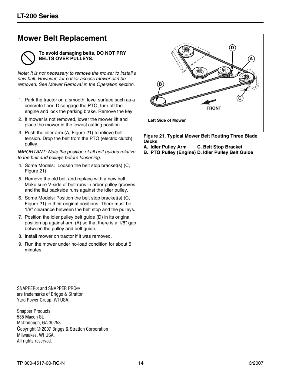 Mower belt replacement, Lt-200 series | Briggs & Stratton LT-200 User Manual | Page 14 / 14