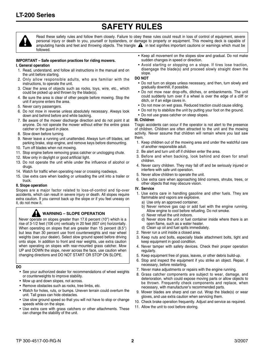 Safety rules, Lt-200 series | Briggs & Stratton LT-200 User Manual | Page 2 / 14
