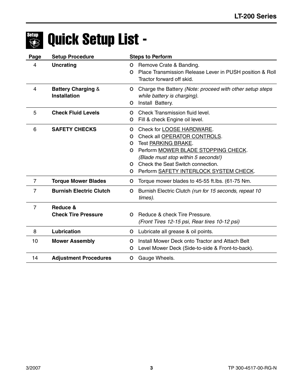 Quick setup list | Briggs & Stratton LT-200 User Manual | Page 3 / 14