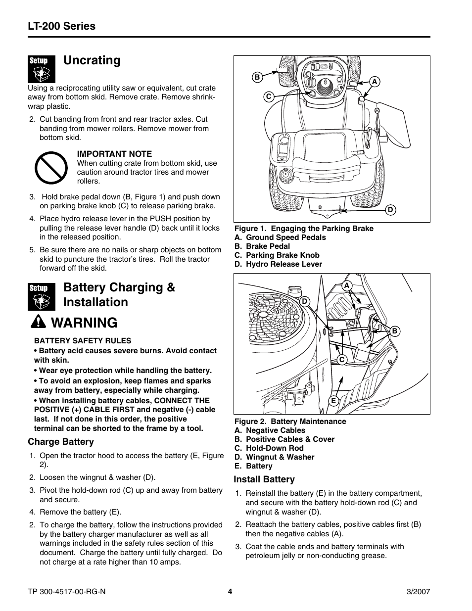 Warning, Uncrating, Battery charging & installation | Lt-200 series | Briggs & Stratton LT-200 User Manual | Page 4 / 14