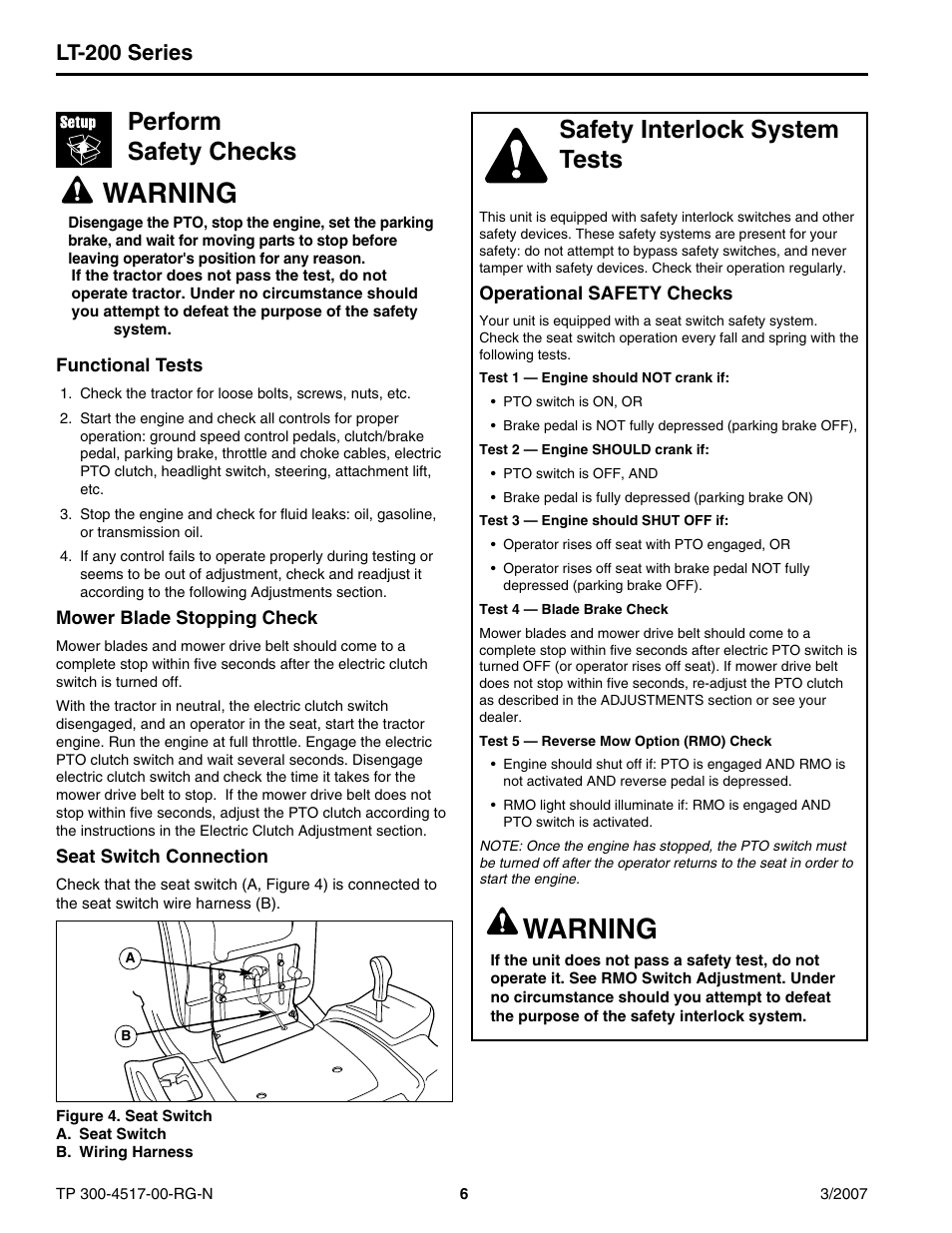 Warning, Perform safety checks, Safety interlock system tests | Lt-200 series | Briggs & Stratton LT-200 User Manual | Page 6 / 14