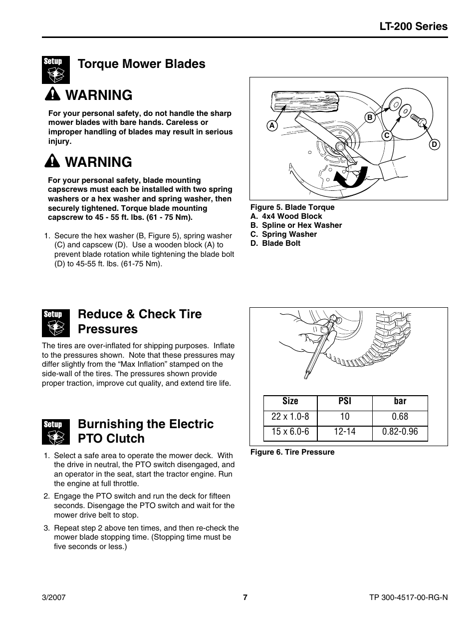 Warning, Torque mower blades, Burnishing the electric pto clutch | Reduce & check tire pressures, Lt-200 series | Briggs & Stratton LT-200 User Manual | Page 7 / 14