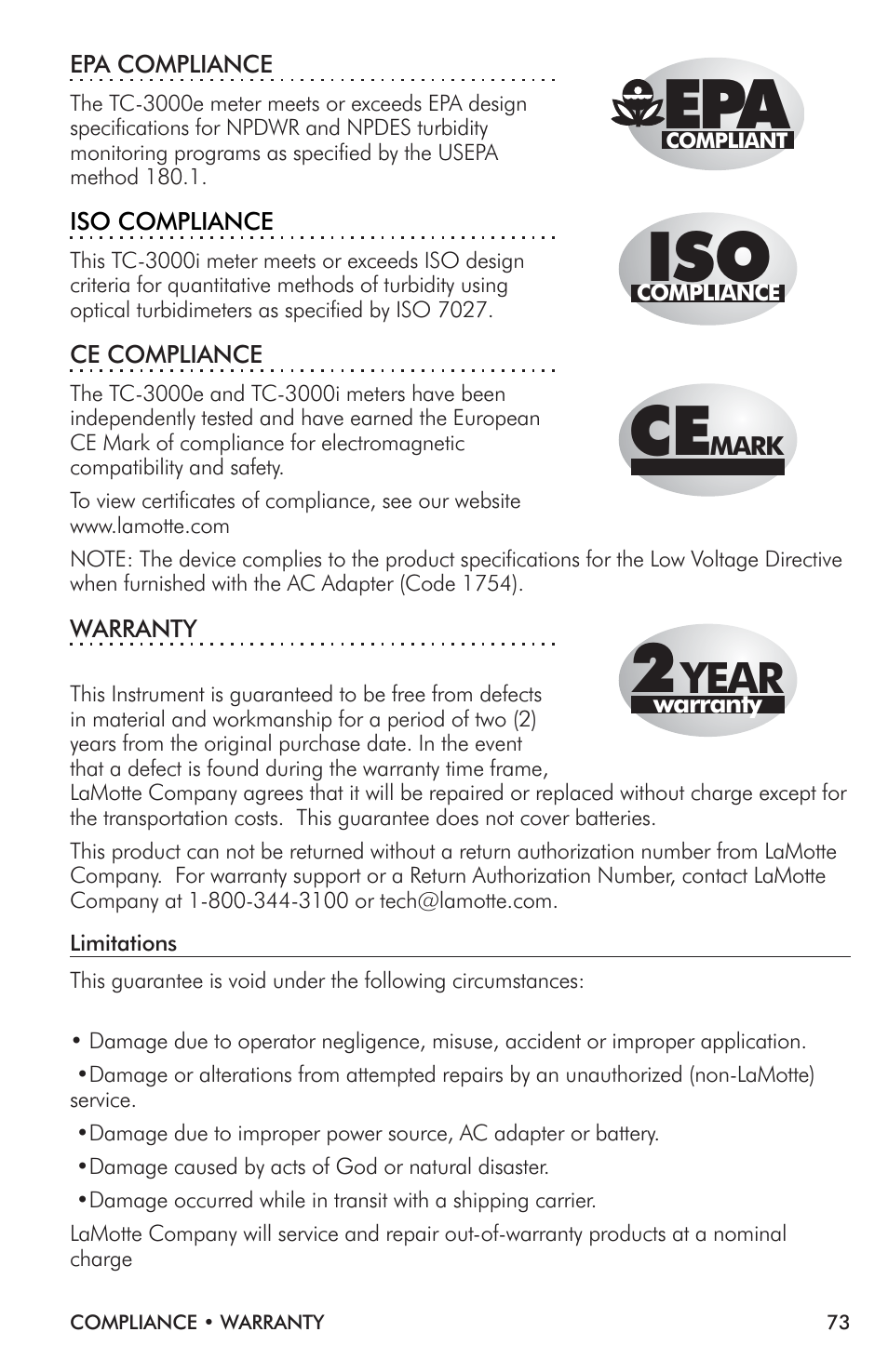 Year | LaMotte TC-3000 Tri-Meter User Manual | Page 73 / 76