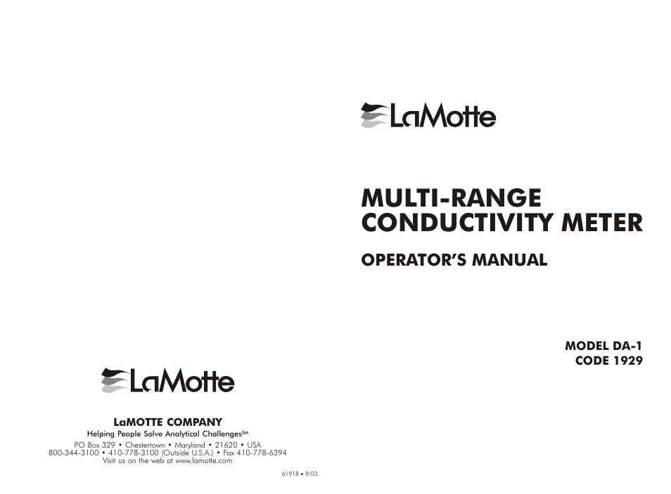 LaMotte MULTI-RANGE CONDUCTIVITY METER DA-1 1929 User Manual | 6 pages