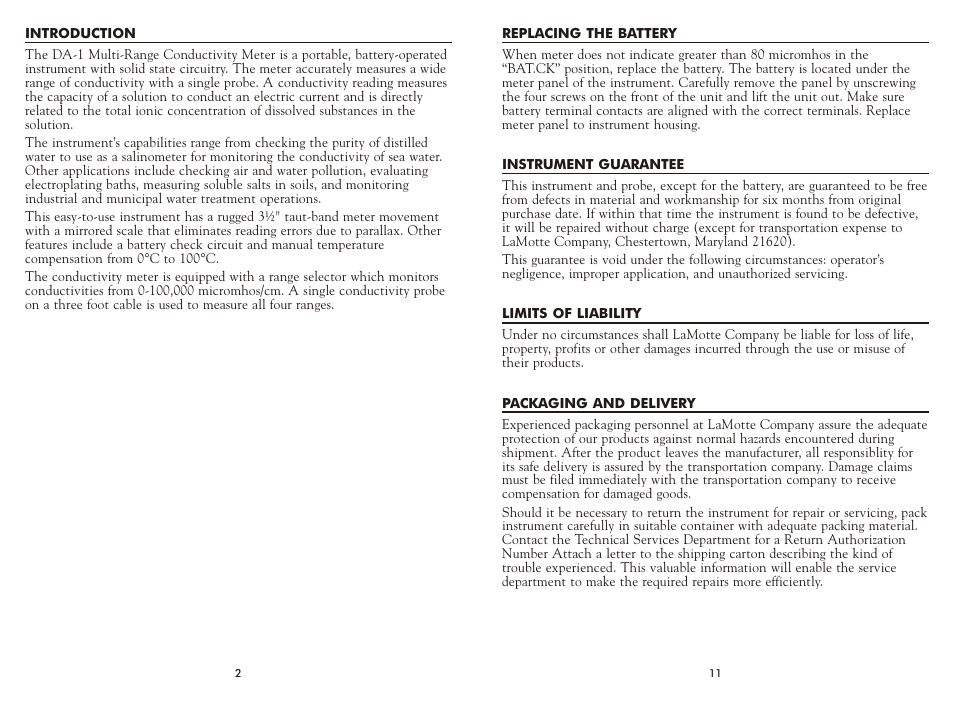 LaMotte MULTI-RANGE CONDUCTIVITY METER DA-1 1929 User Manual | Page 2 / 6
