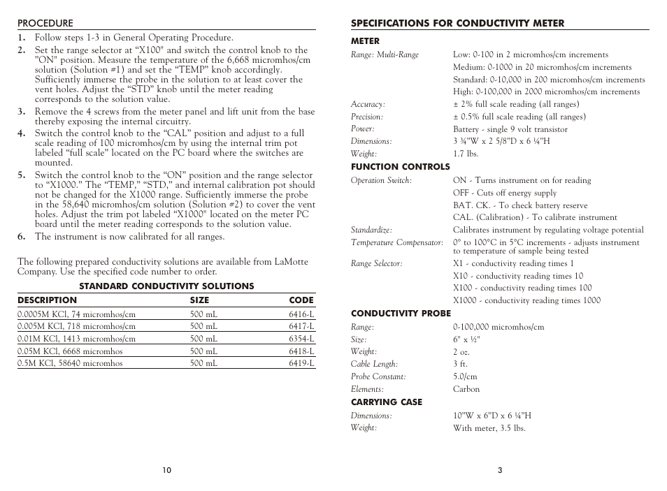 LaMotte MULTI-RANGE CONDUCTIVITY METER DA-1 1929 User Manual | Page 3 / 6