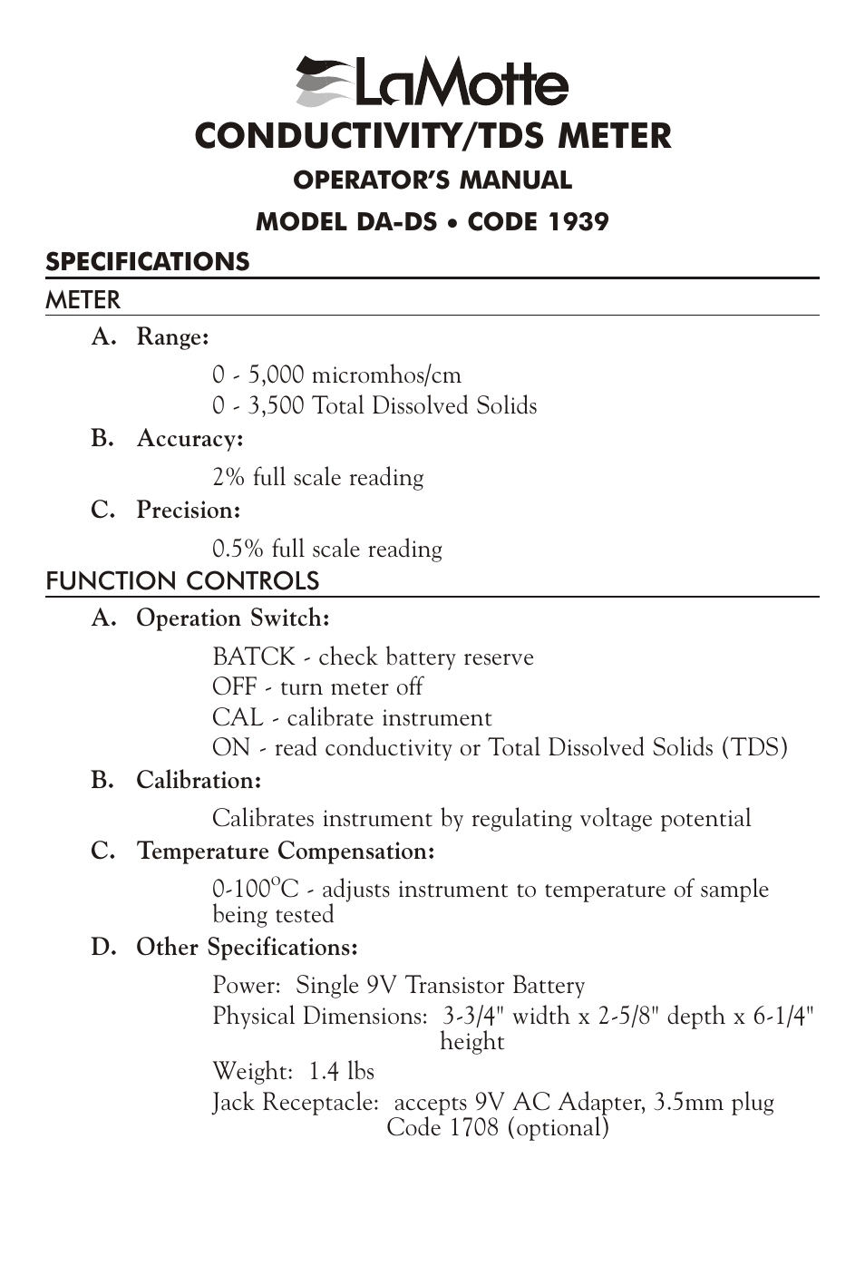 LaMotte CONDUCTIVITY/TDS METER DA-DS 1939 User Manual | 4 pages