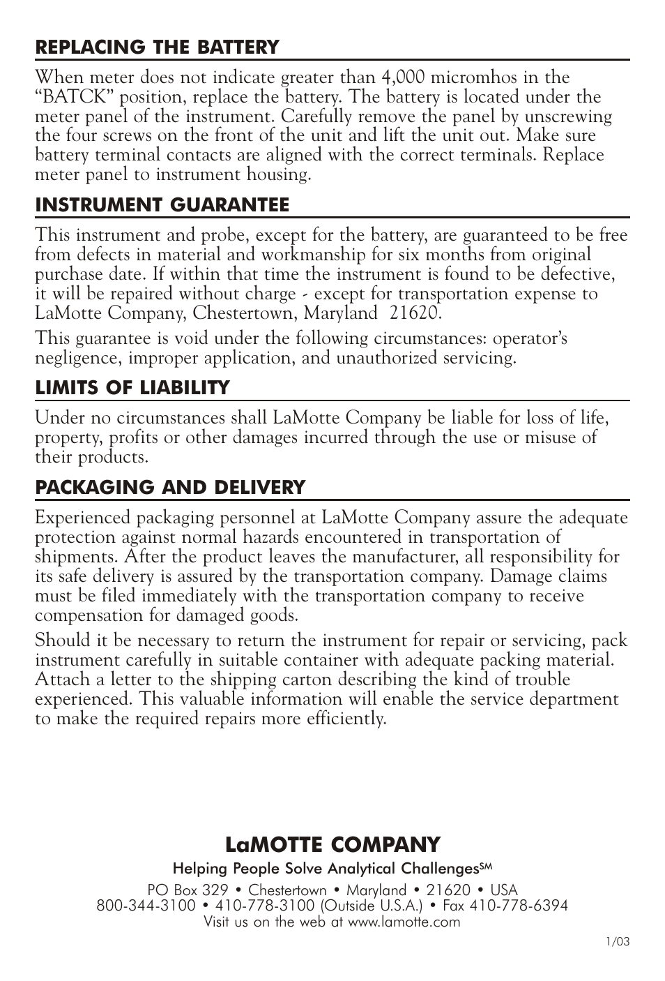 Lamotte com pany | LaMotte CONDUCTIVITY/TDS METER DA-DS 1939 User Manual | Page 4 / 4