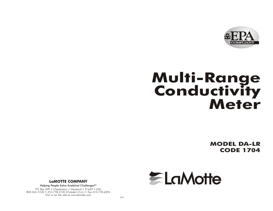 LaMotte Multi-Range Conductivity Meter 1704 DA-LR User Manual | 6 pages