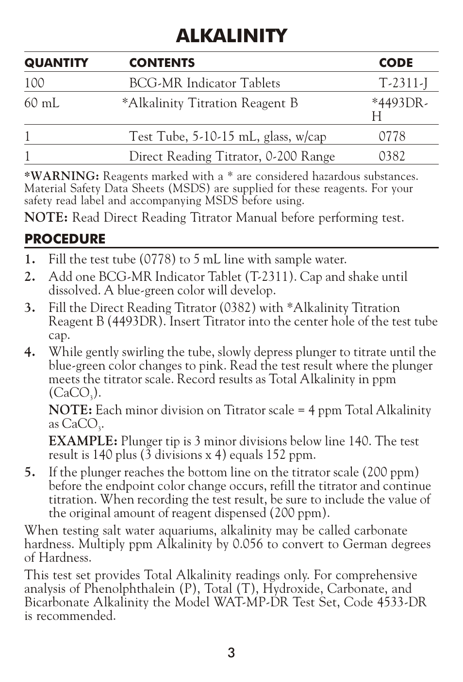 Alkalinity | LaMotte AG-103 Fresh Water Aquarium User Manual | Page 3 / 16