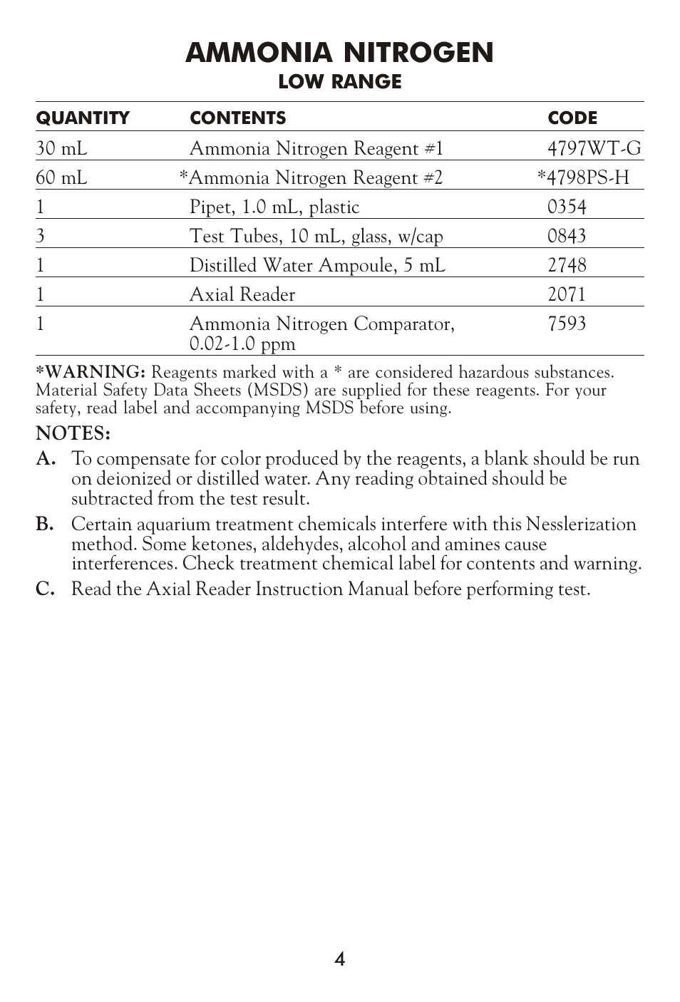 Ammonia nitrogen | LaMotte AG-103 Fresh Water Aquarium User Manual | Page 4 / 16