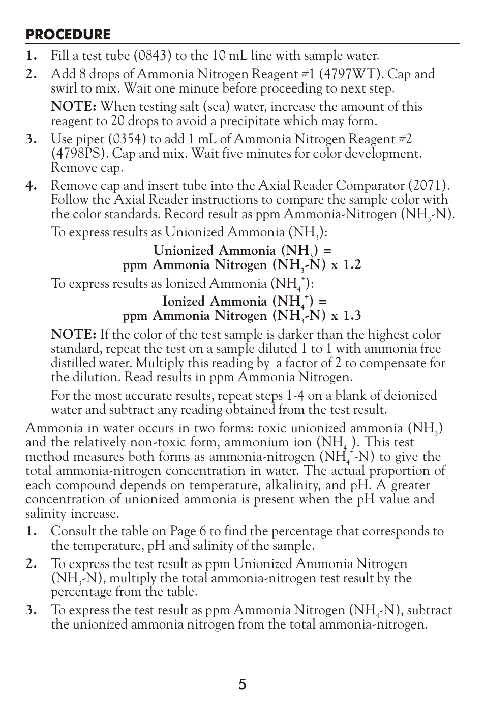 N). to express results as unionized ammonia (nh, Unionized ammonia (nh, Ppm ammonia nitrogen (nh | N) x 1.2 to express results as ionized ammonia (nh, Ionized ammonia (nh | LaMotte AG-103 Fresh Water Aquarium User Manual | Page 5 / 16