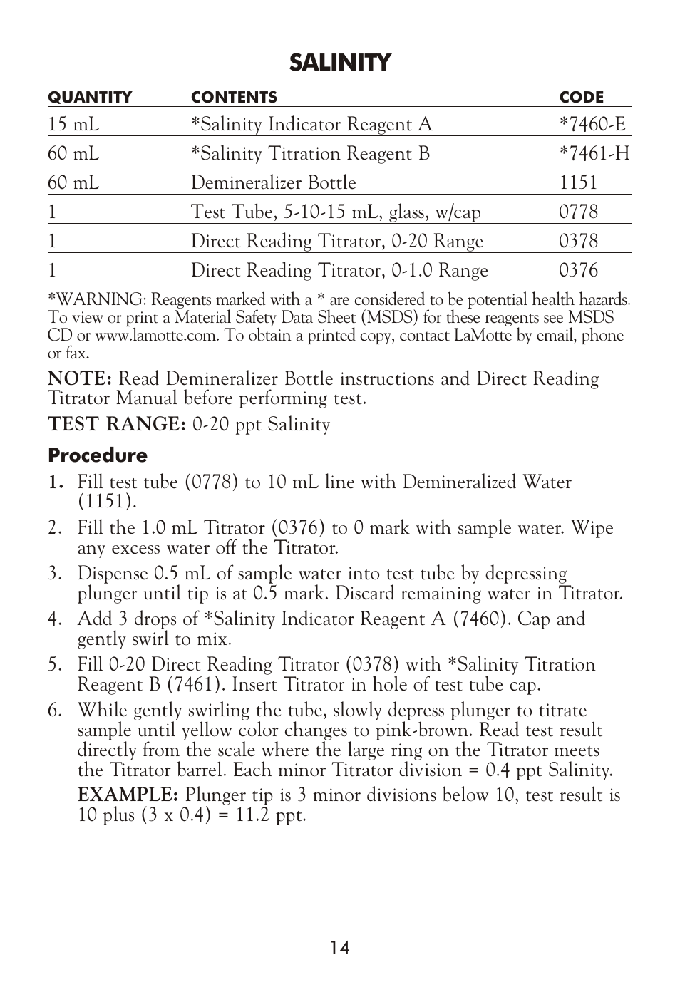 Salinity | LaMotte AG-104 Salt Water Aquarium User Manual | Page 14 / 16